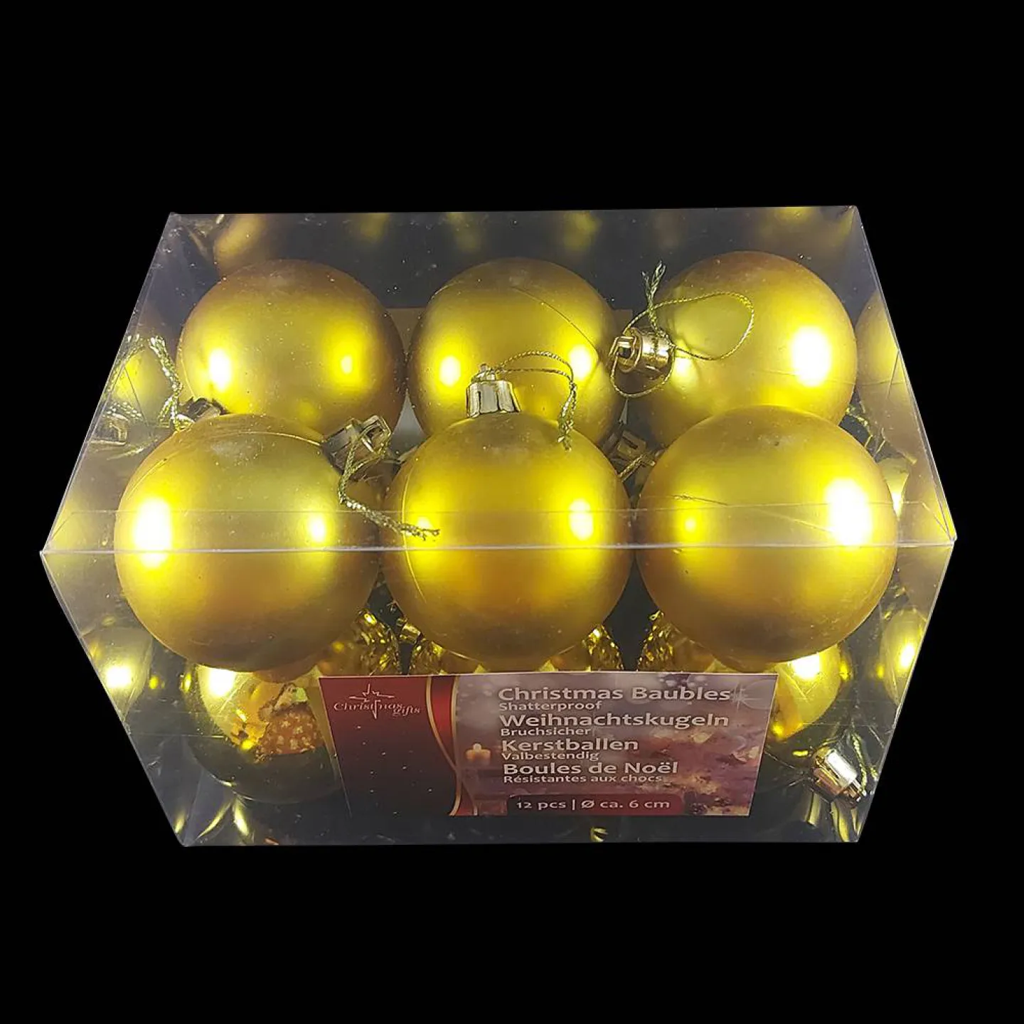 Kerstballen rond goud.