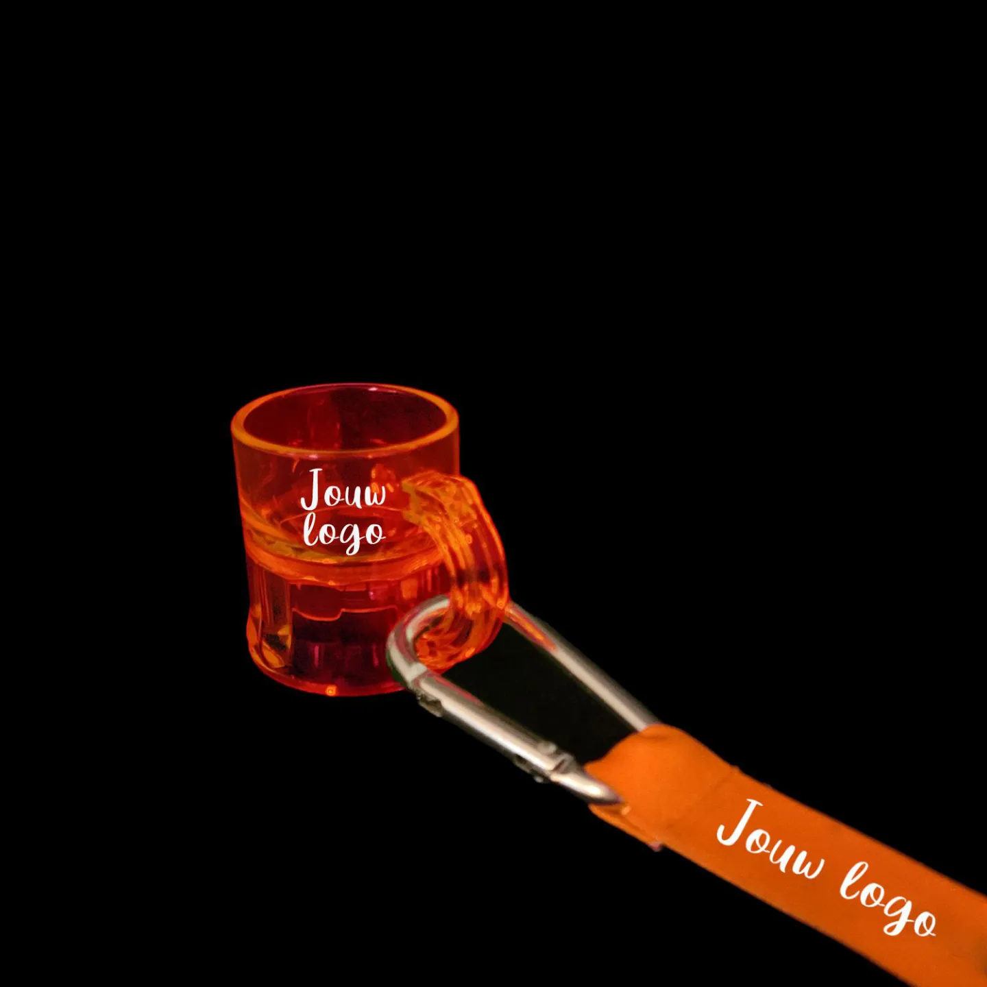 Keycord en shotglas bedrukken fluor oranje.