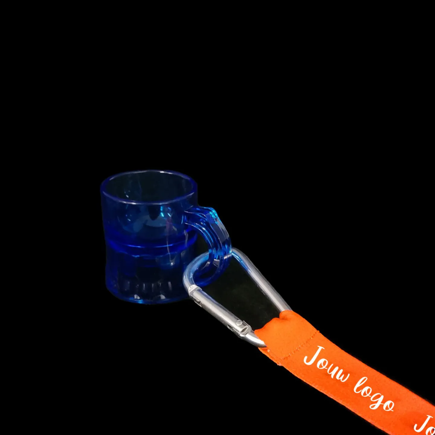 Keycord en shotglas bedrukken fluor blauw.