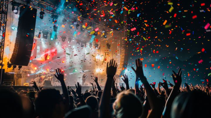 Buitenfestival in het donker met confetti