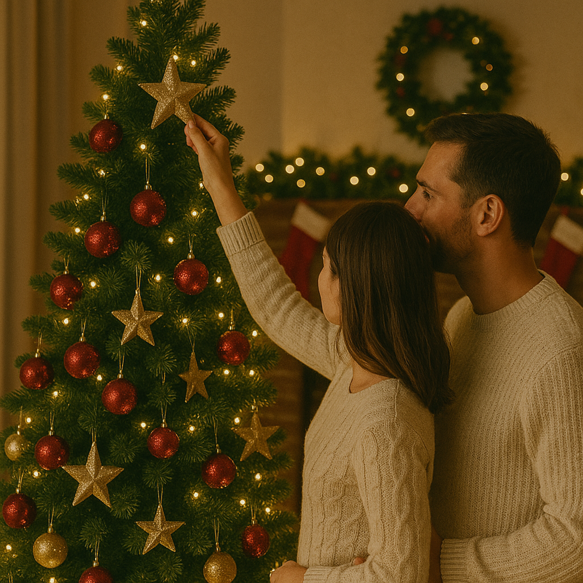 Kerstboom decoreren door een koppel