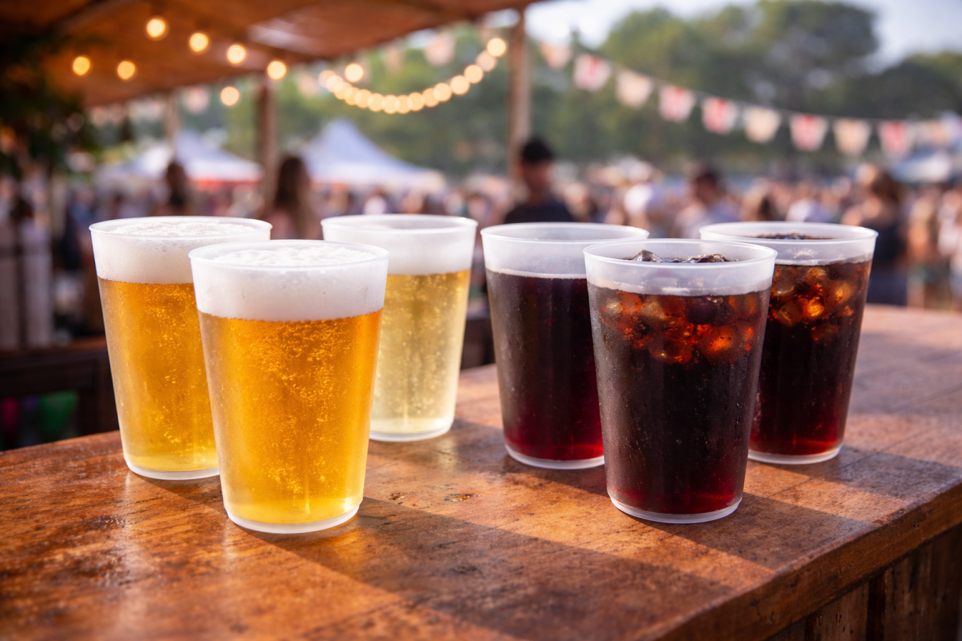 Hardcups gevuld op een festival bar