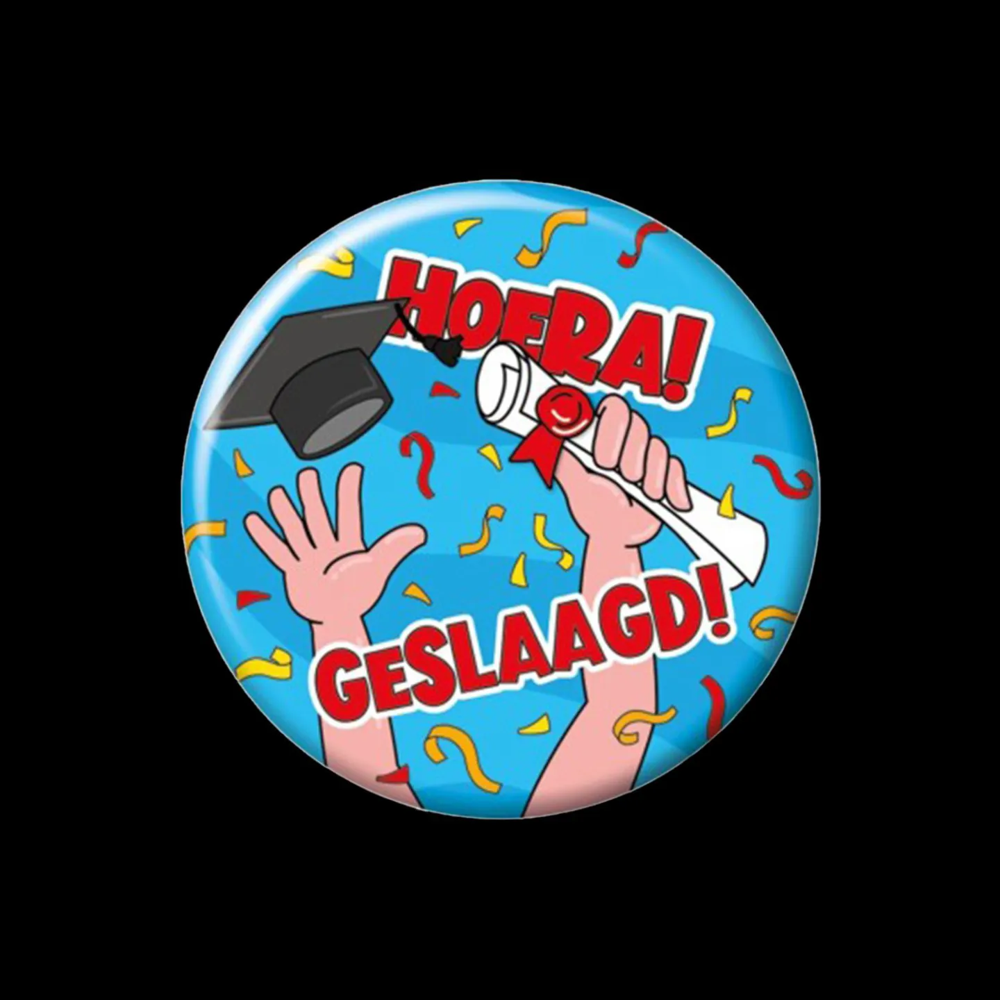 button cartoon hoera geslaagd.