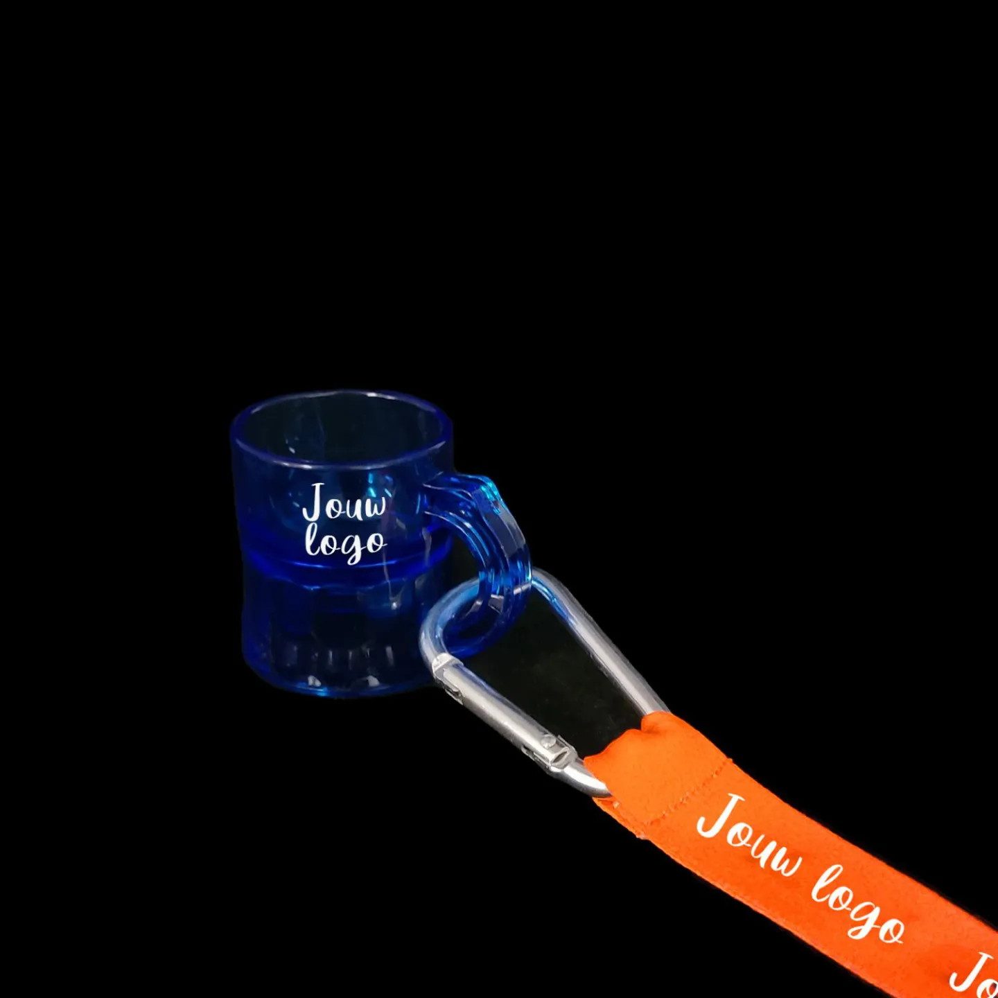Keycord en shotglas bedrukken fluor blauw.