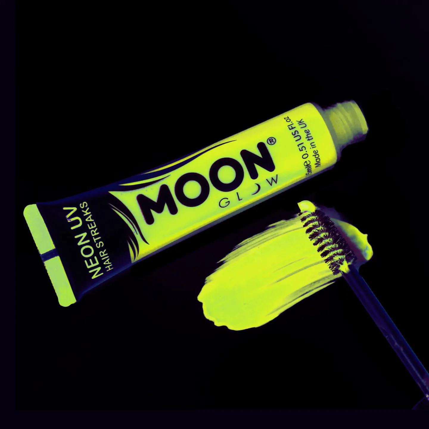 Haarmascara lichtgevend UV neon geel.