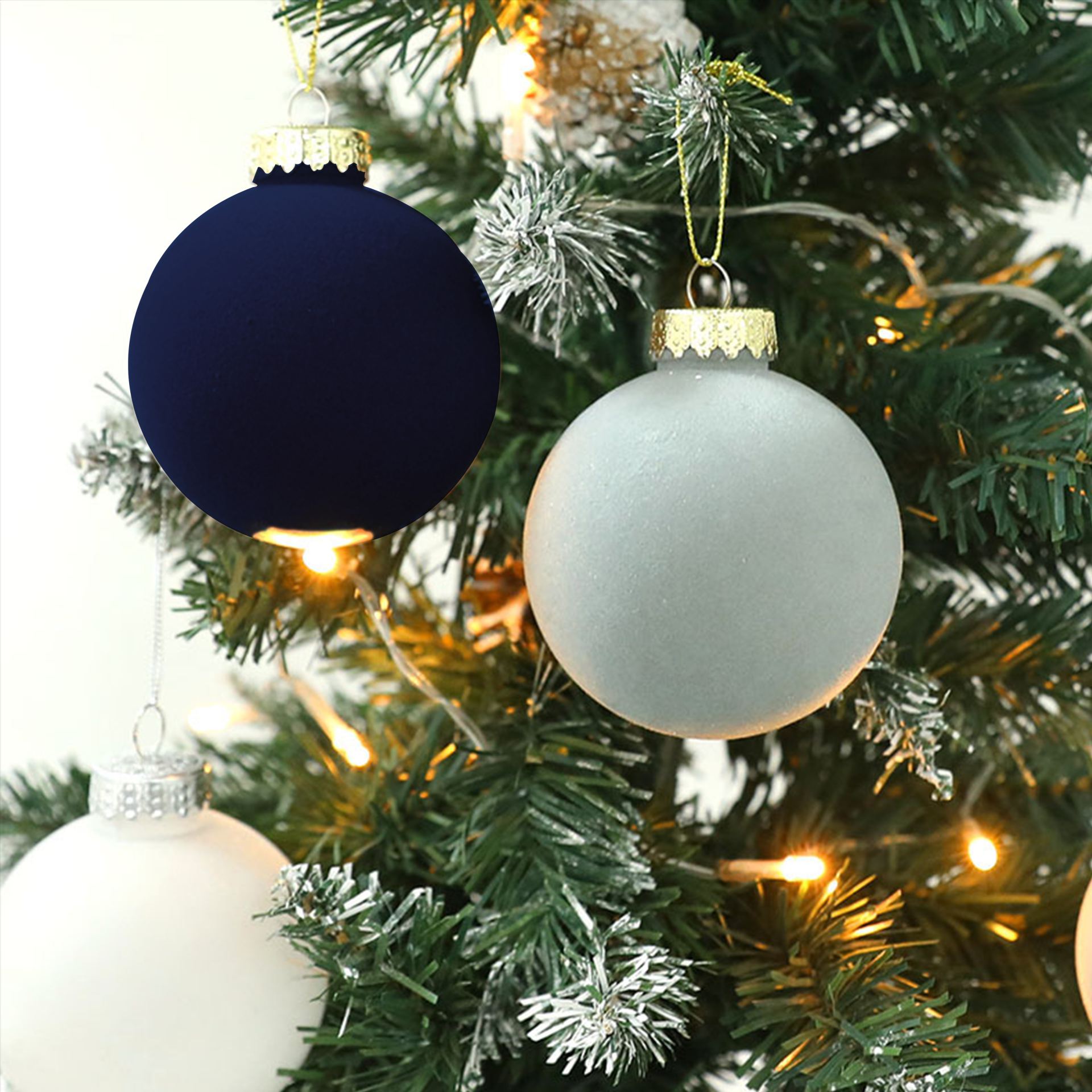 Velvet kerstballen 6cm blauw blauw beige