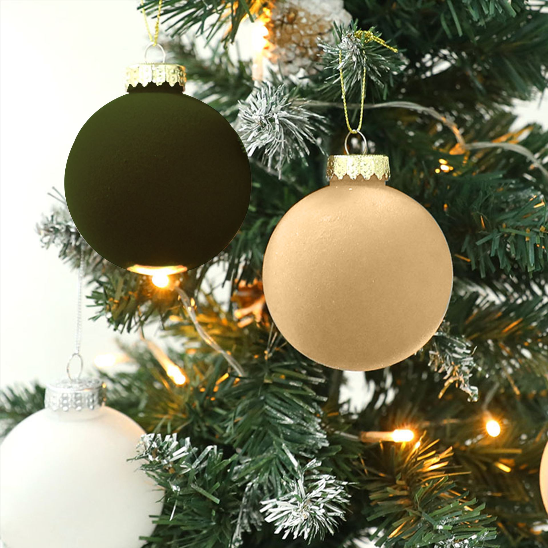 elvet kerstballen 6cm groen bruin beige