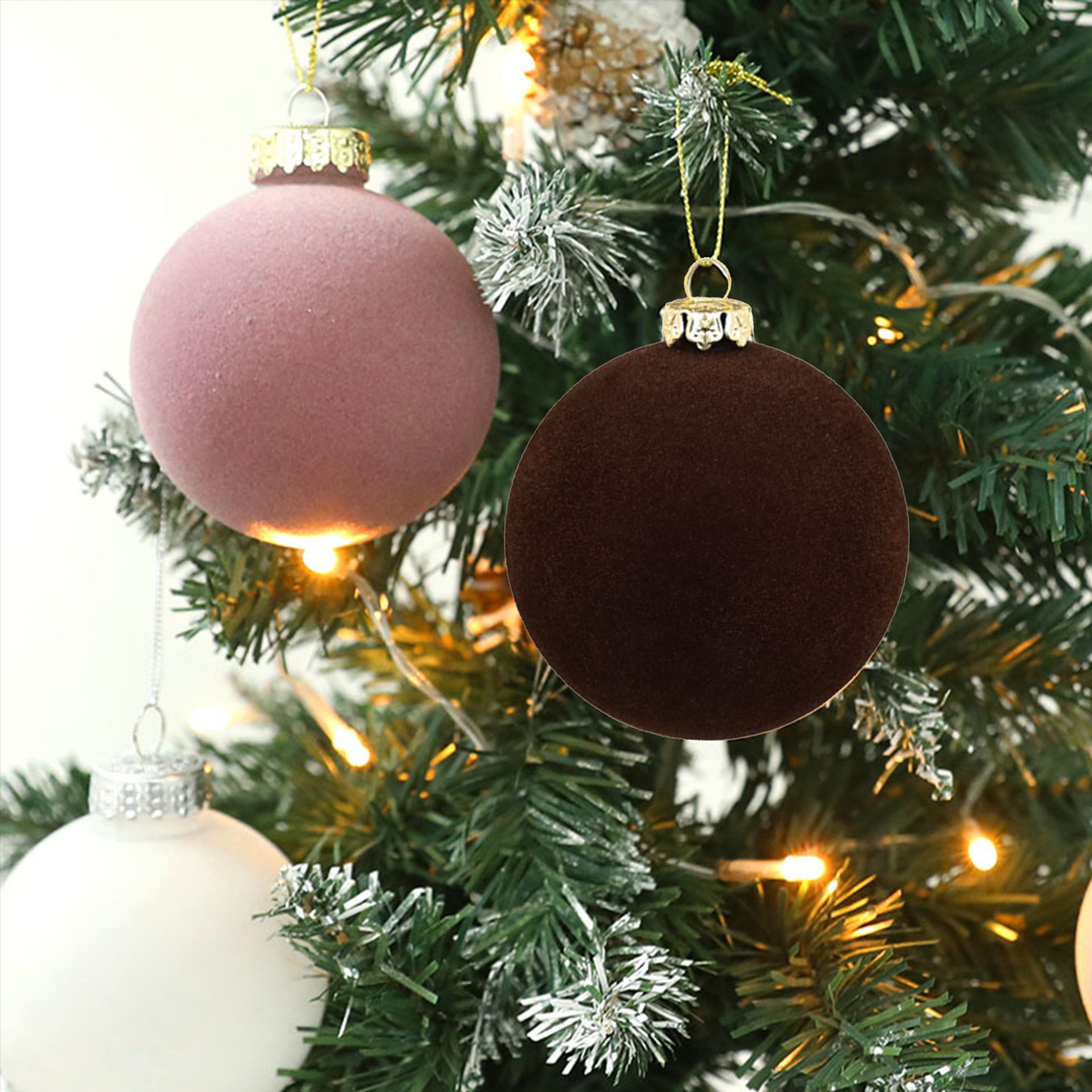 Velvet kerstballen 6cm bruin roze beige