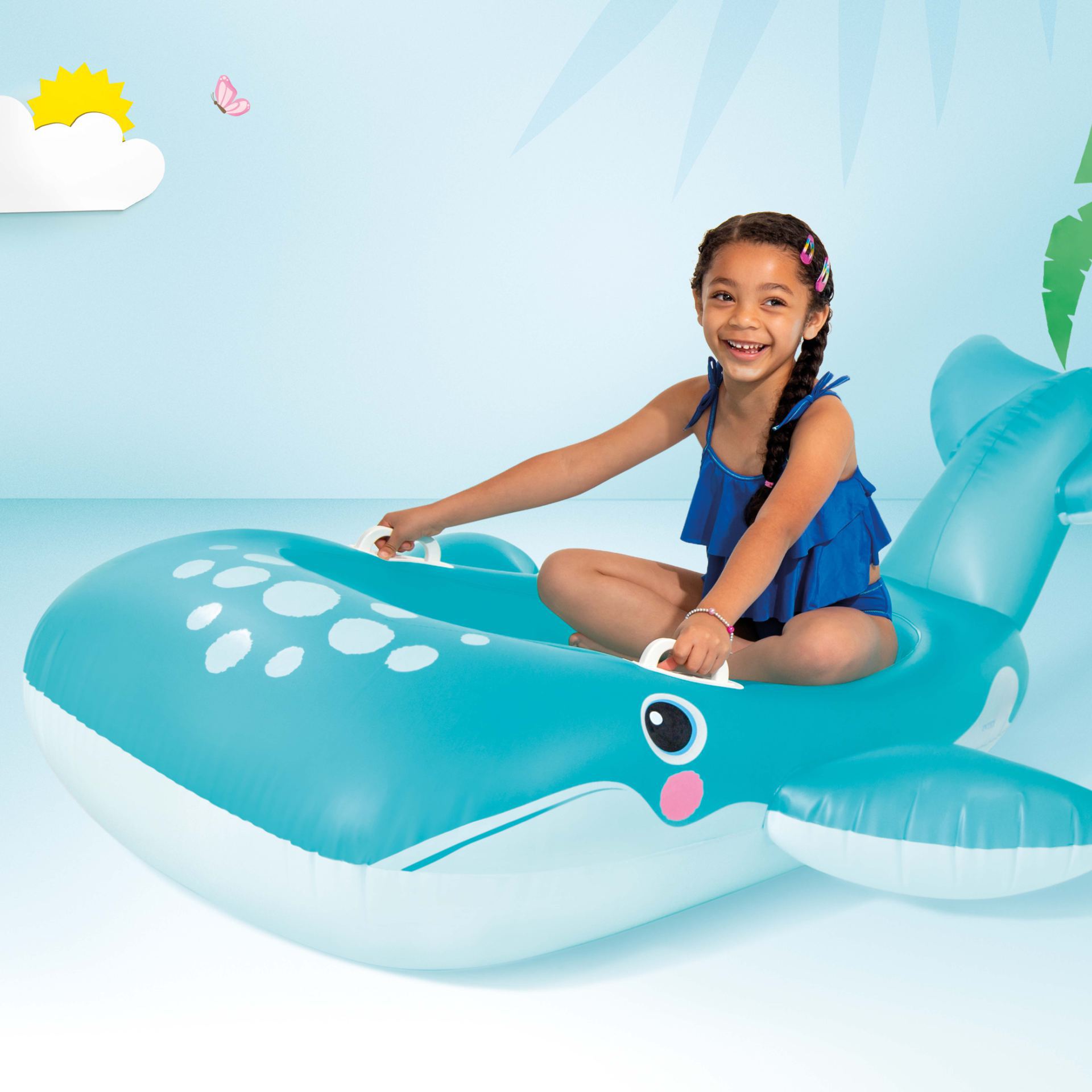 Opblaas walvis ride-on blauw