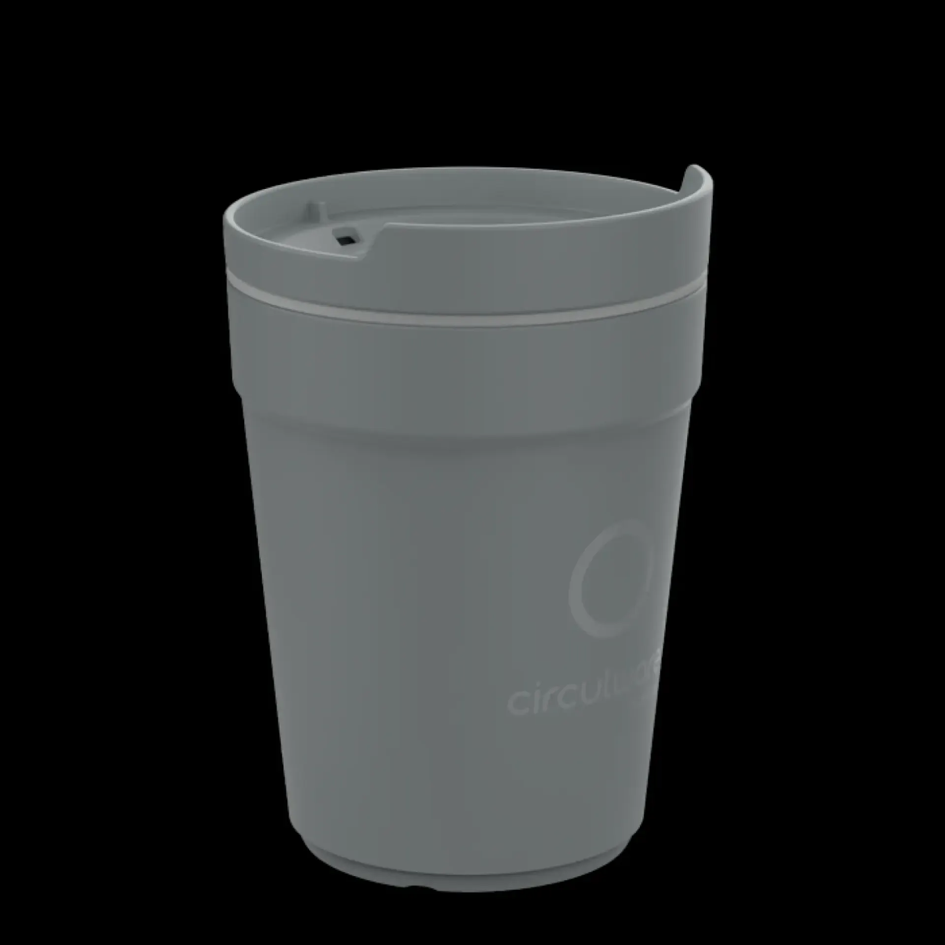 Donkergrijze koffiebeker met drinkdeksel.