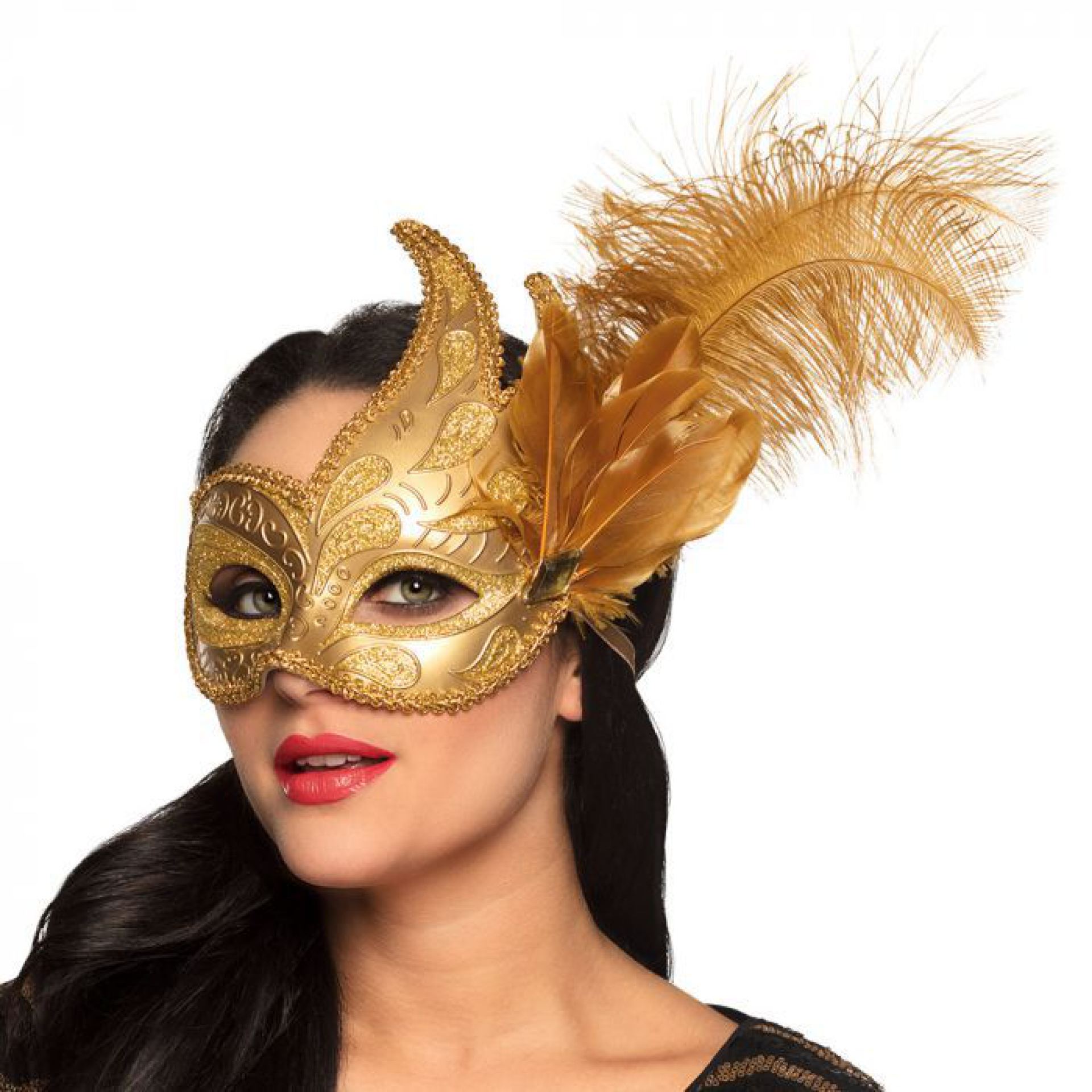 Venetiaans masker met veren goud voorbeeld